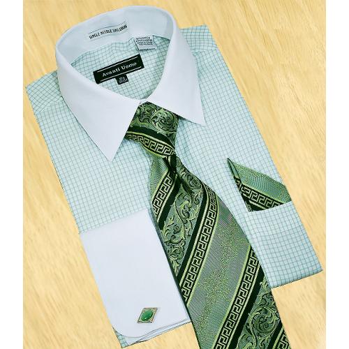Avanti Uomo White / Mint Green Checks With White Spread Collar Shirt / Tie / Hanky Set With Free Cufflinks DN44M